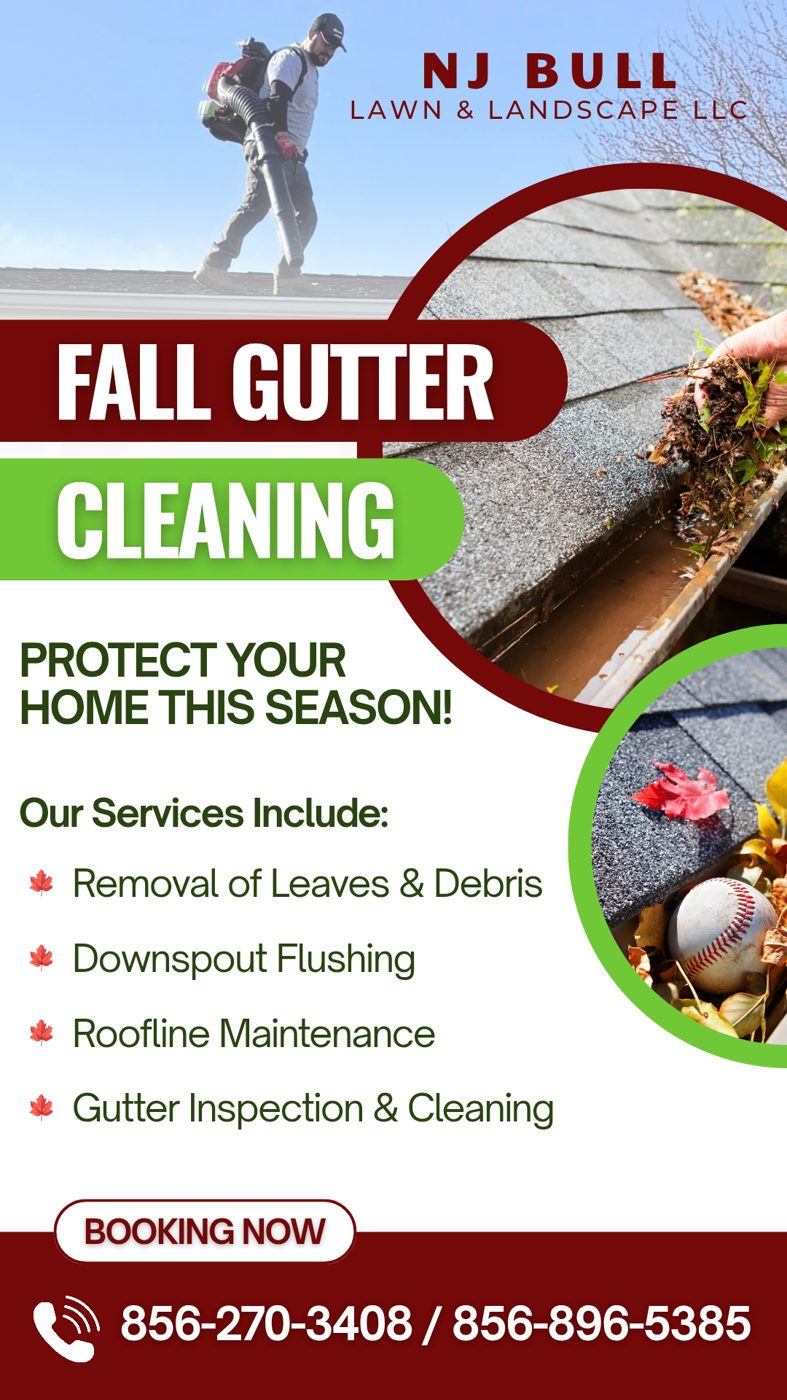 NJ Bull fall gutter cleaning service flyer with crew on a roof